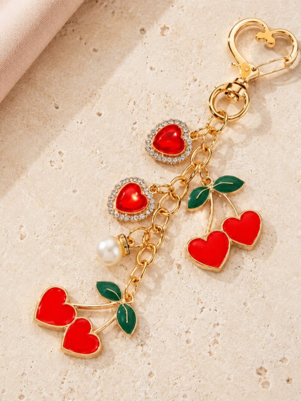 Gold Heart Cherry Bag Charm Keychain Rhinestone Pearl NWT